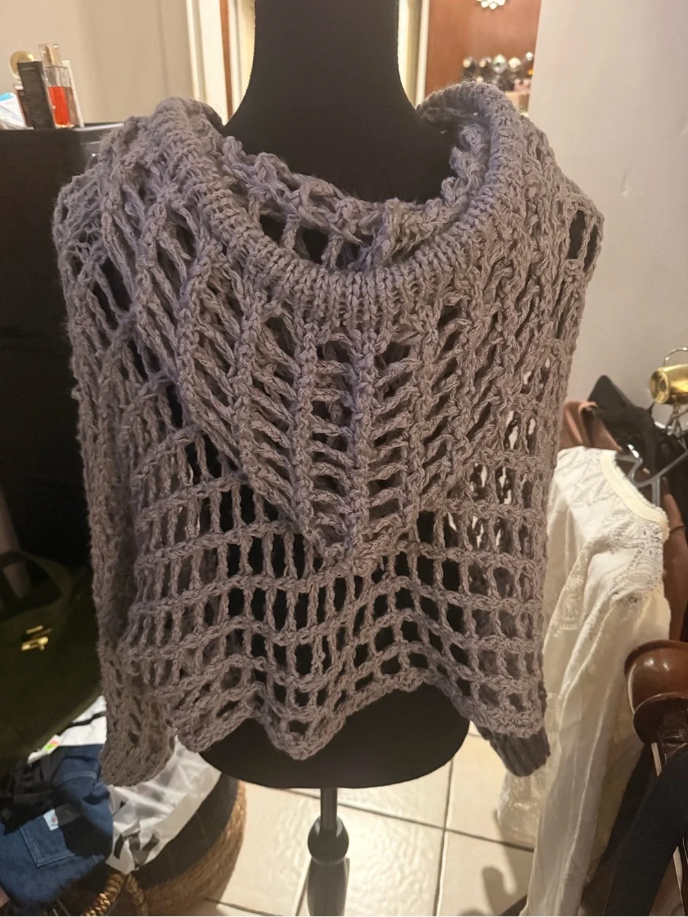 SHEIN Gray Open-Knit Hooded Poncho
